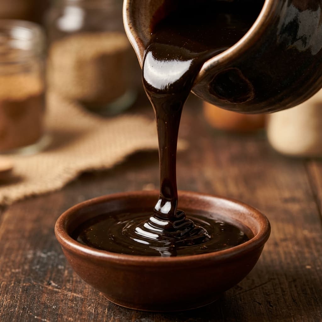 Viscous sugarcane molasses pouring