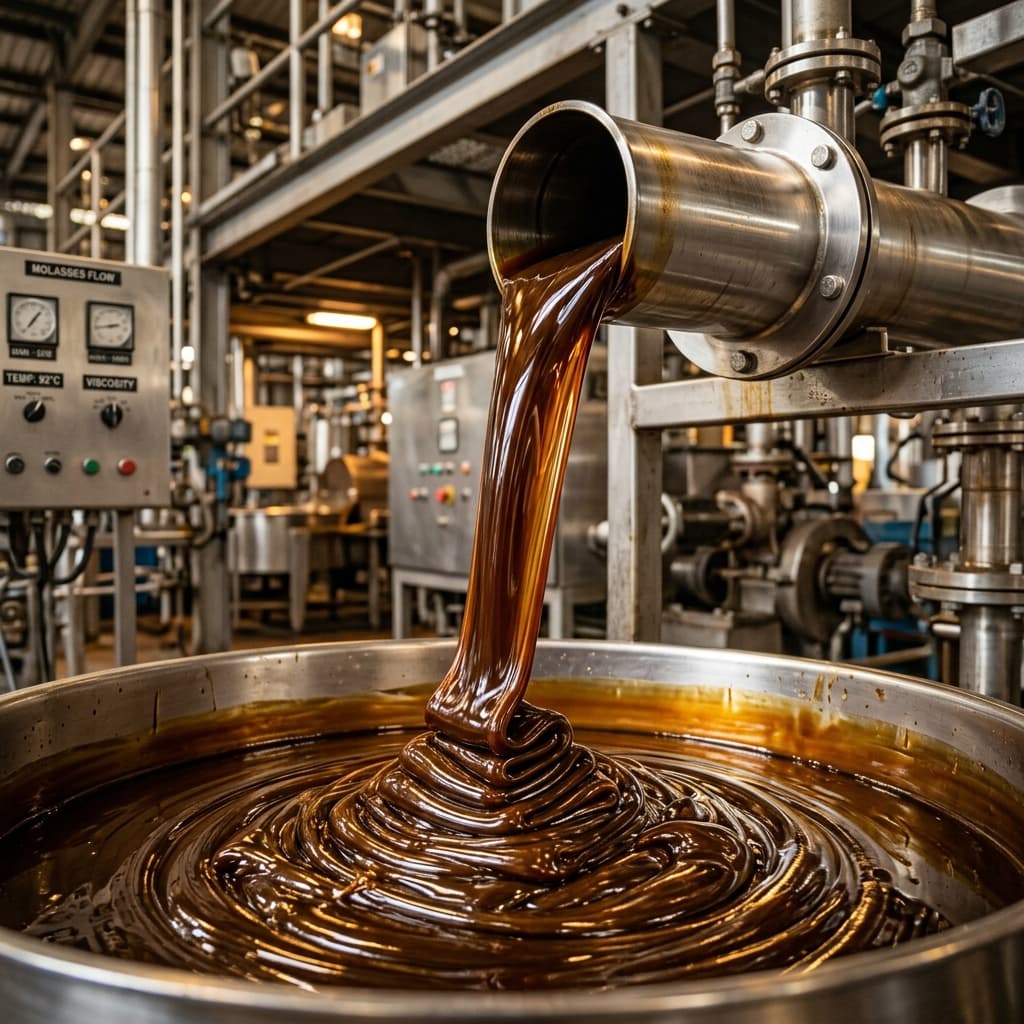 Viscous premium industrial sugarcane molasses pouring in a production facility