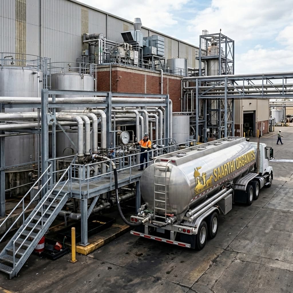 Premium stainless steel liquid transport tanker in logistics dispatch bay